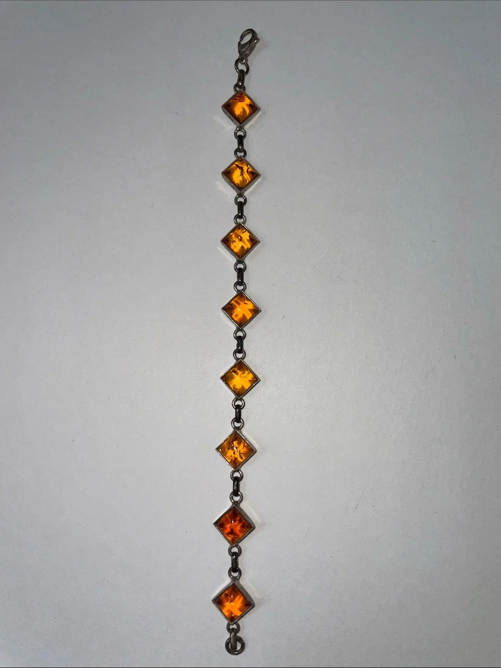 Vintage Baltic Sterling .925 Silver Orange Amber Link Bracelet.  7.25”